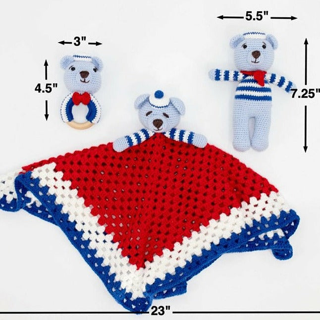 Adorable sailor teddy bear crochet baby security blanket with matching teddy bear and rattle. All handmade with hypoallergenic organic cotton.