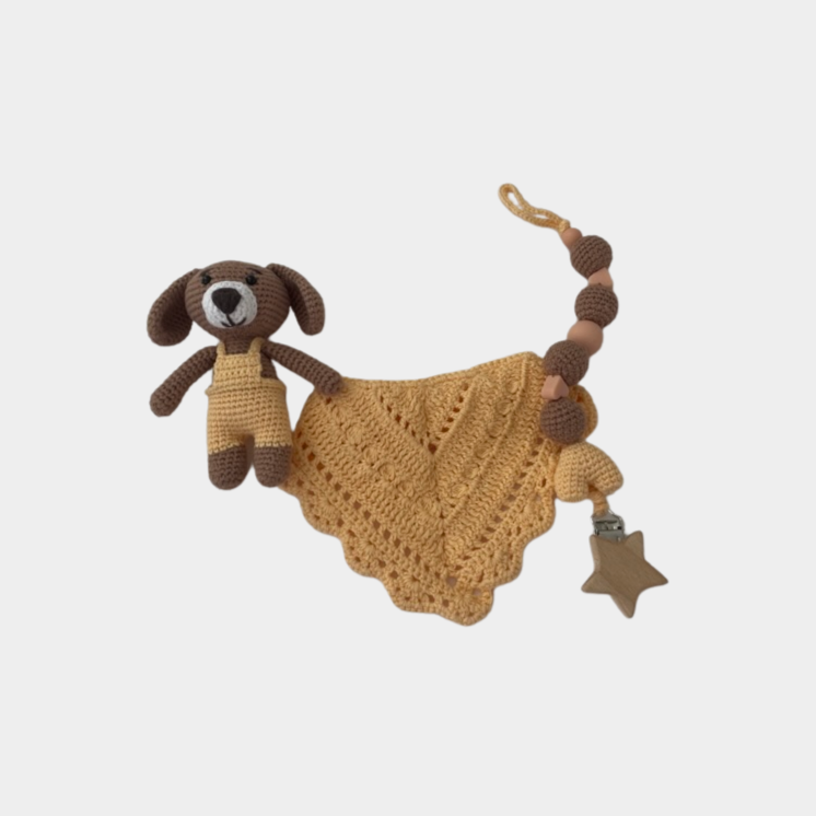 Little puppy set includes 100% hypoallergenic organic cotton crochet toy, with matching pacifier holder, and handmade crochet bid.