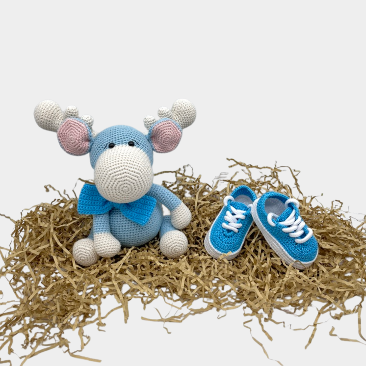 Baby blue moose crochet monkey plush toy. Handmade with hypoallergenic, organic cotton.