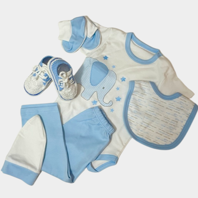 Pima cotton white and baby blue handmade hypoallergenic organic cotton crochet shoes with clothing set, that includes a onesie, matching pants, booties, beanie, and a bid.