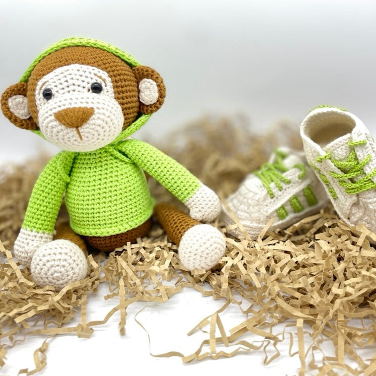 Monkey plush toy gift set with matching shoes. Includes 100% hypoallergenic organic cotton crochet coy, and 100% hypoallergenic organic cotton shoes.