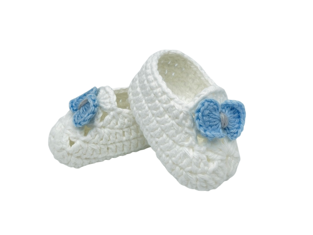 White with blue bows baby ballerina shoes. Made with lots of love and care!