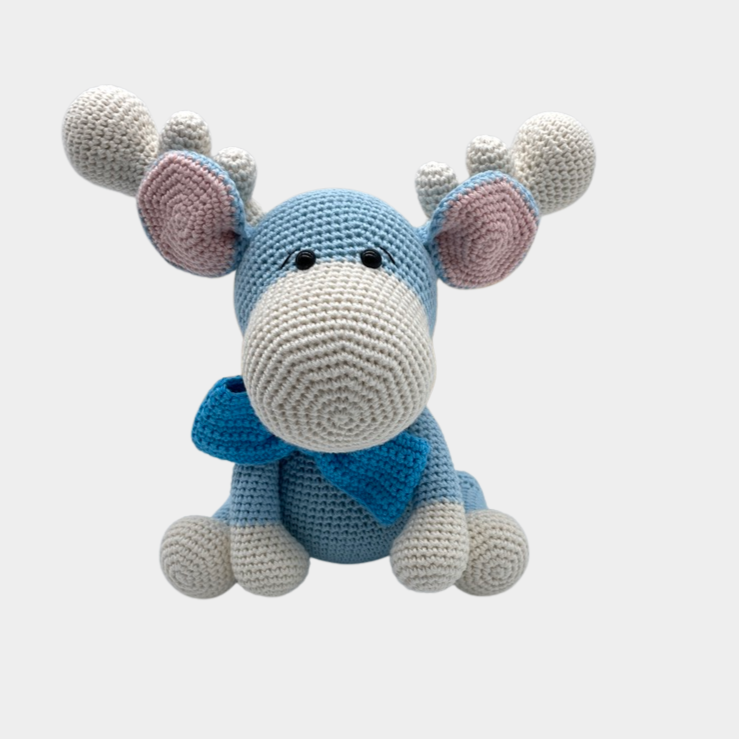 Baby blue moose crochet monkey plush toy. Handmade with hypoallergenic, organic cotton.