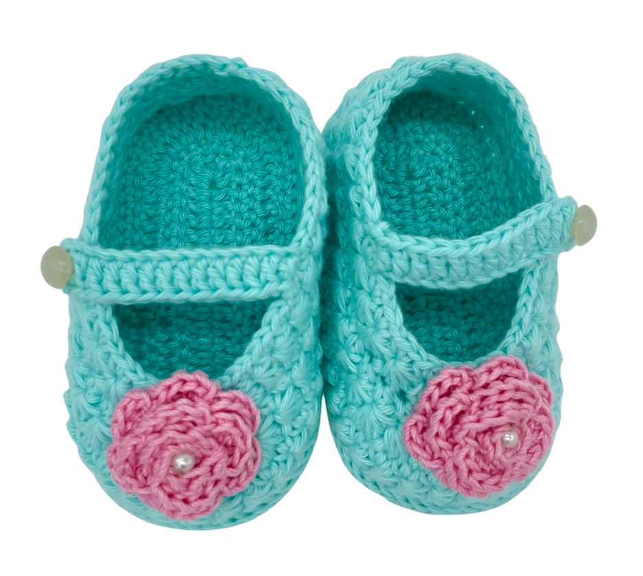 Mint ballerina shoes with pink flower and pearl details. Made with lots of love and care!