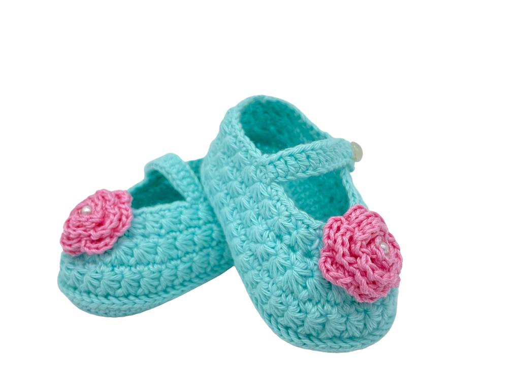 Mint ballerina shoes with pink flower and pearl details. Made with lots of love and care!