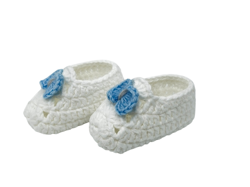 White with blue bows baby ballerina shoes. Made with lots of love and care!