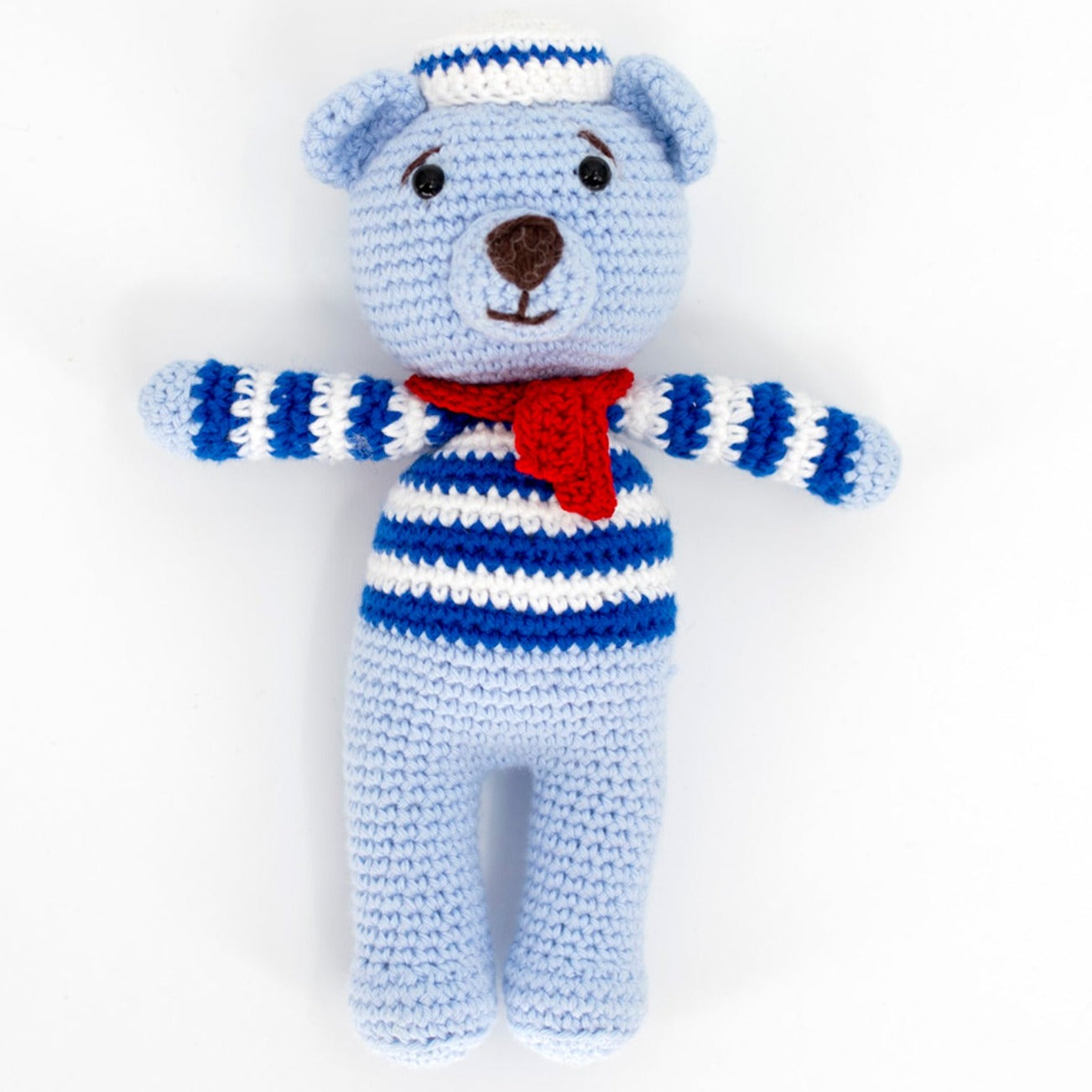 Adorable sailor teddy bear crochet baby security blanket with matching teddy bear and rattle. All handmade with hypoallergenic organic cotton.