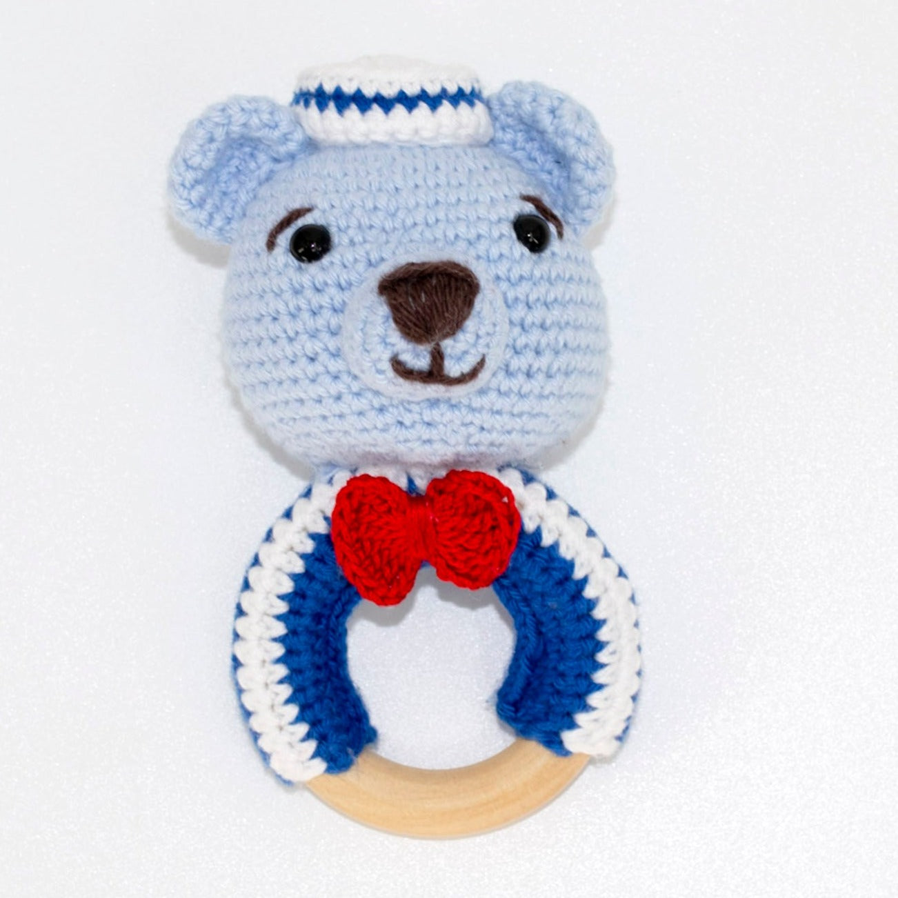 Adorable sailor teddy bear crochet baby security blanket with matching teddy bear and rattle. All handmade with hypoallergenic organic cotton.
