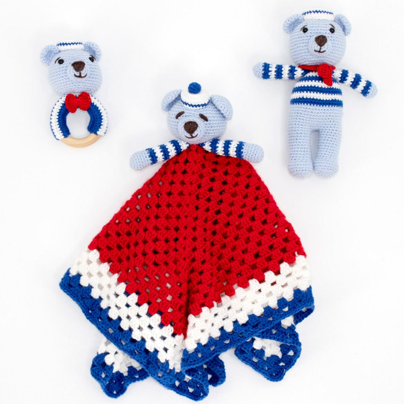 Adorable sailor teddy bear crochet baby security blanket with matching teddy bear and rattle. All handmade with hypoallergenic organic cotton.