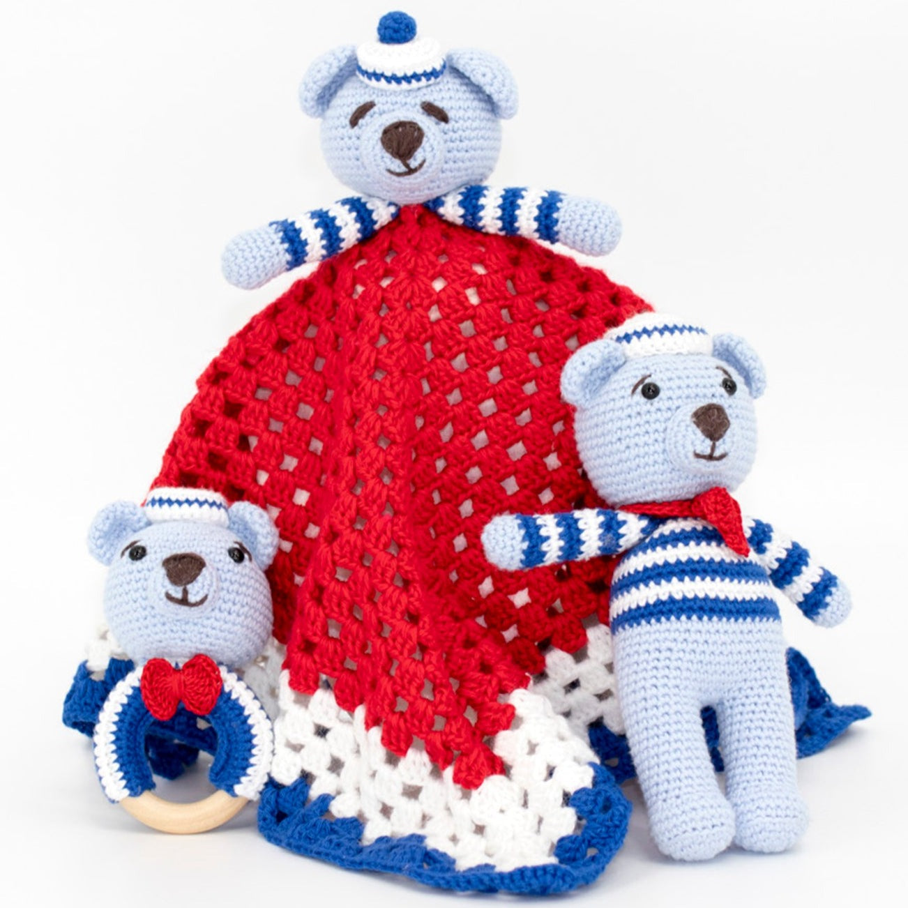 Adorable sailor teddy bear crochet baby security blanket with matching teddy bear and rattle. All handmade with hypoallergenic organic cotton.