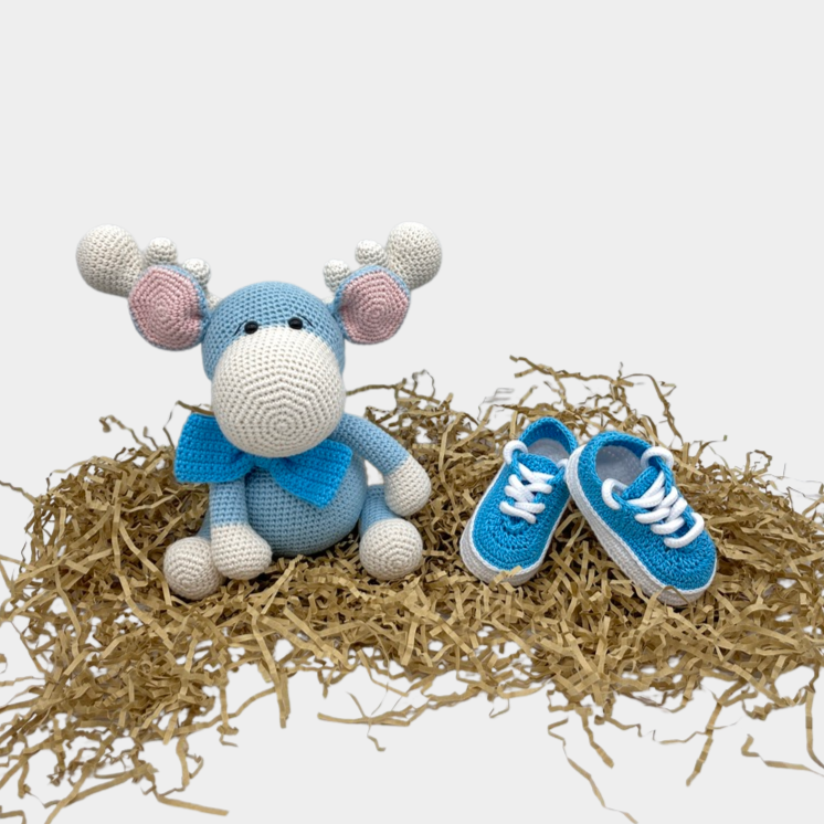 Baby blue moose crochet monkey plush toy. Handmade with hypoallergenic, organic cotton. 
