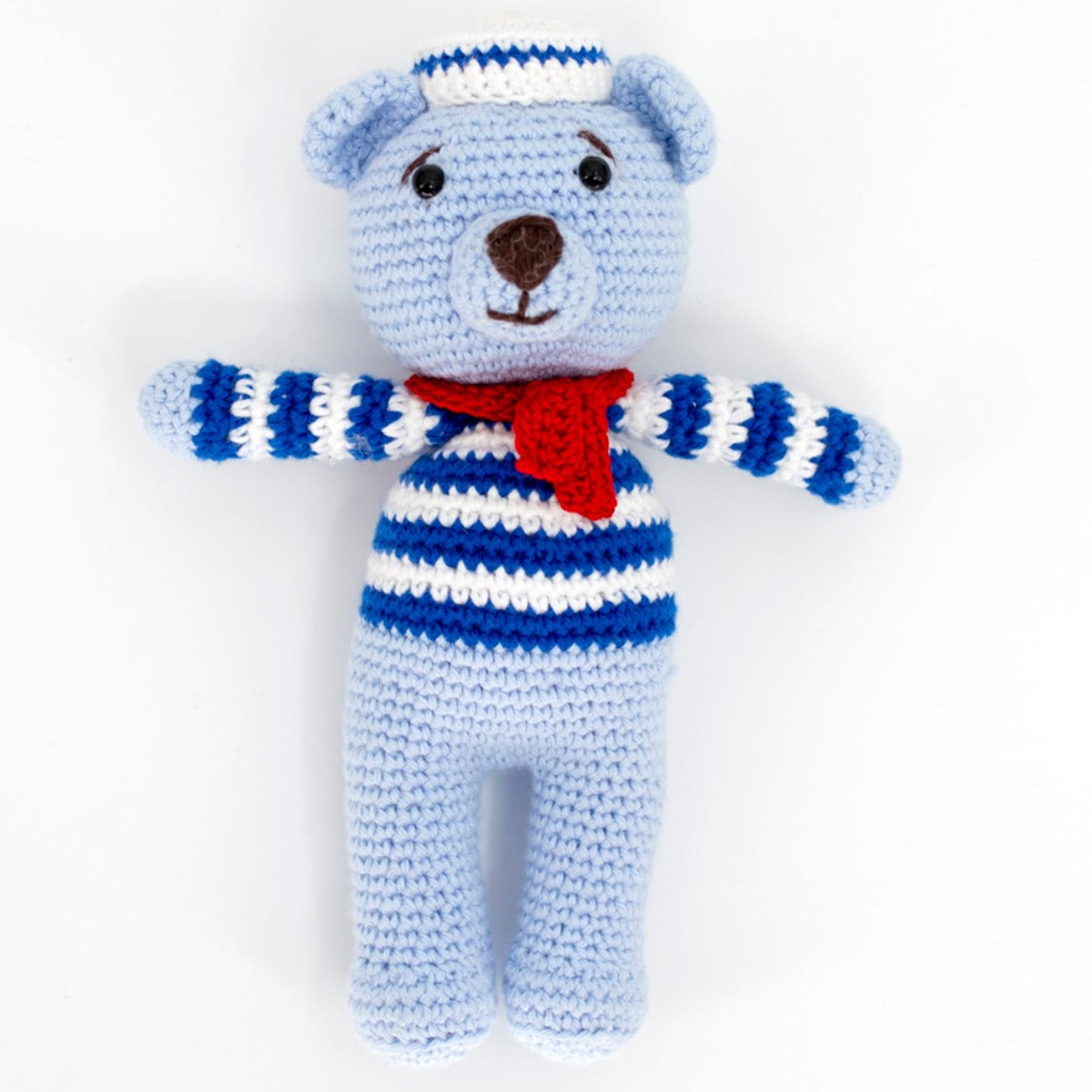 Adorable sailor teddy bear crochet baby security blanket with matching teddy bear and rattle. All handmade with hypoallergenic organic cotton. 
