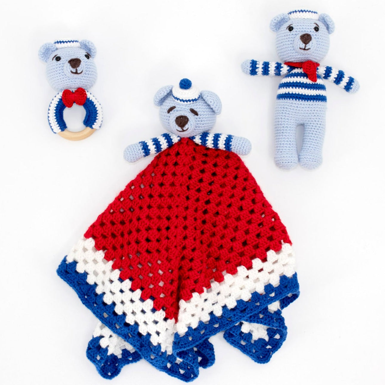 Adorable sailor teddy bear crochet baby security blanket with matching teddy bear and rattle. All handmade with hypoallergenic organic cotton. 